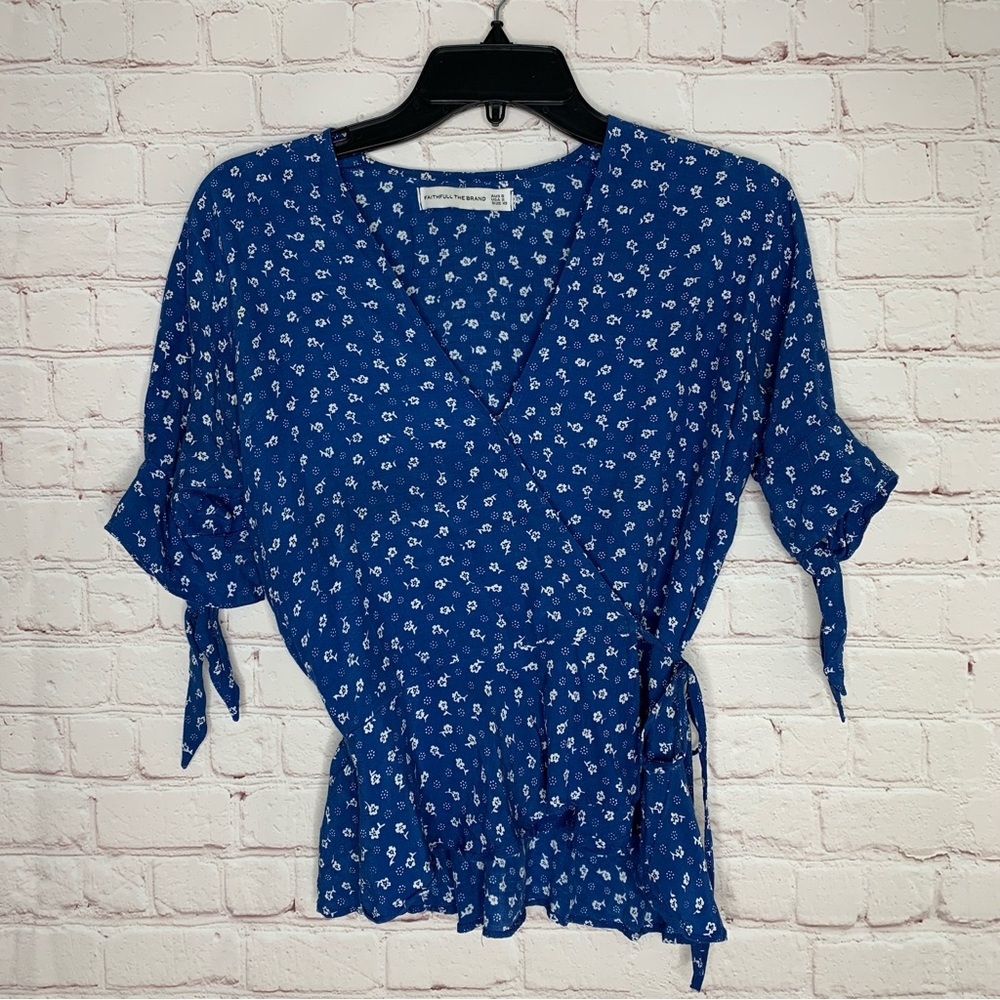 Faithfull the Brand Royal Blue Floral Wrap Blouse